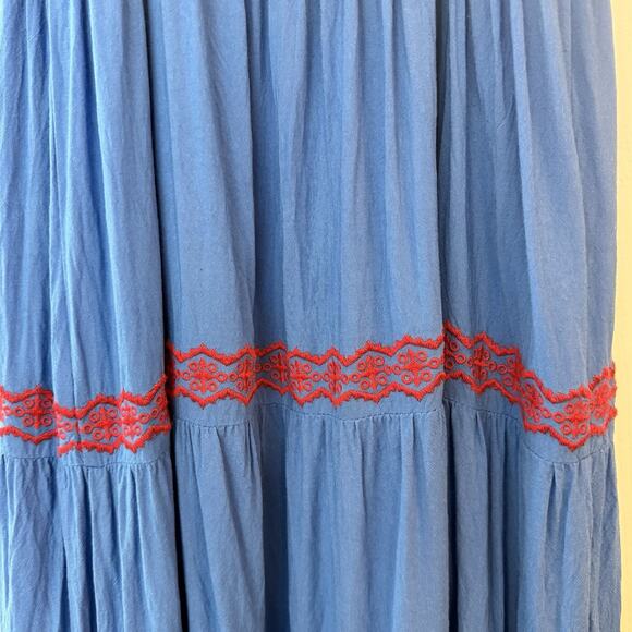 Skies Are Blue Maxi Sundress Sz S Blue Embroidered Adj. Straps Tiered Ruffle EUC - Picture 6 of 14